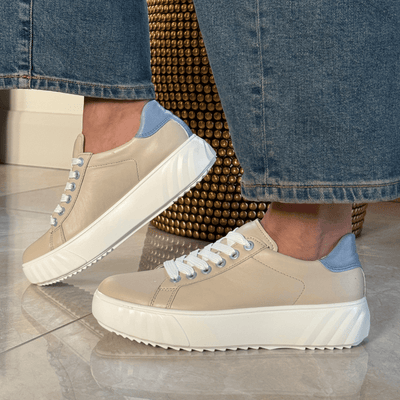 Womens Ara Monaco Platform Sole Leather Trainers - Beige and Blue