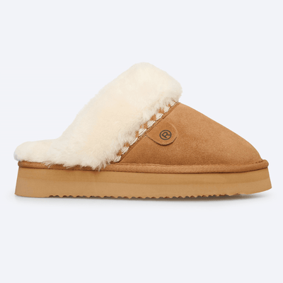 Womens Rohde 7080 Tan Fur Trim Mule Slippers - Tan