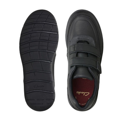 Junior Clarks Venture Walk Boys Velcro School Shoe - Black Leather - Black