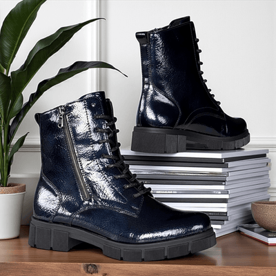 Womens Remonte D2S72 Navy Patent Biker Boots - Navy