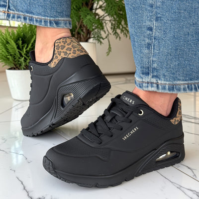 Womens Skechers 177093 Bubble Heel Trainer - Black Uno Leopard - Black