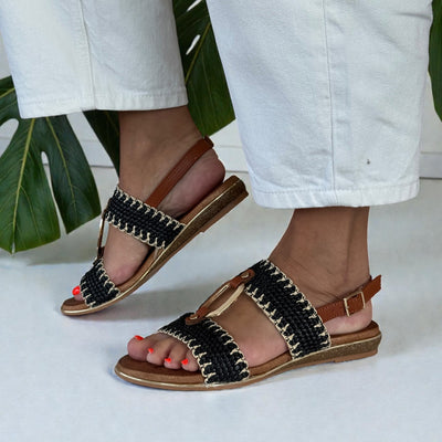 Womens Lunar Jules Woven with Gold Circle Sandals - Black