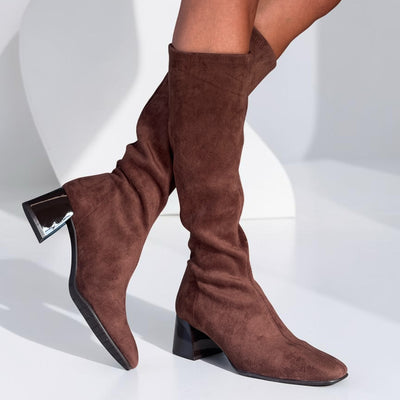 Womens Miss Elastic 75435 Suede Stretch Long Boots - Marron Brown
