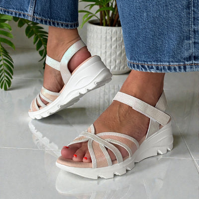 Womens Jose Saenz 5330 Wedge Sandal - White & Pink Iridescent