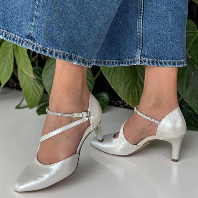 Womens Tamaris 22425 Diagonal Strap Heels - Pearl