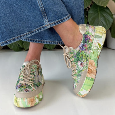 Womens Rieker M7711 Green Floral Print Side Zip Platform Trainers - Multi