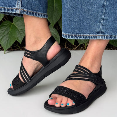 Womens Jana 28771 Diamante Diagonal Strap Comfort Sandals - Black
