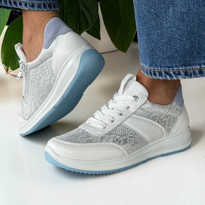 Womens Ara Osaka White and Silver Snake Print Inside Zip Trainers - White and Silver