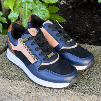 Womens Lotus Venus Navy and Tan Side Zip Wedge Trainers - Navy