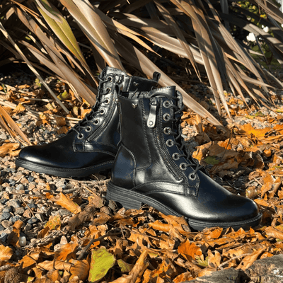 Womens Susst Toby Lace Up with Side Zip Biker Boots - Black