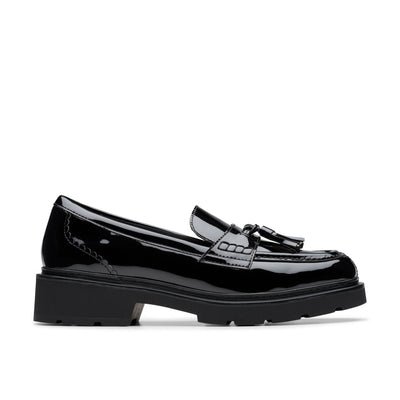 Girls Clarks Lauryl Tassel School Shoes - Black Patent