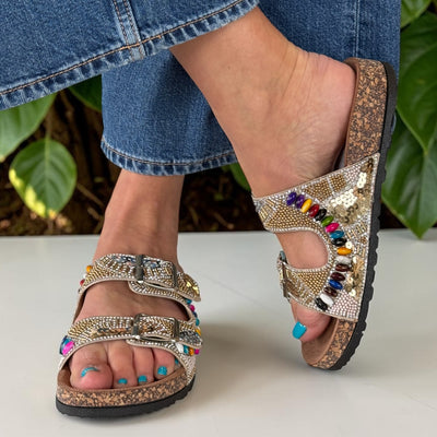 Womens Heavenly Feet JESS Beaded 2 Strap Sandals - Beige Gold