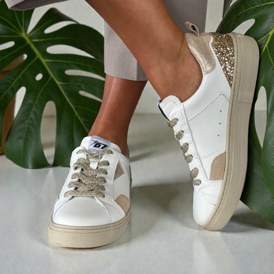 Womens Tamaris 23706 White with Gold Glitter Heel Trainers - White