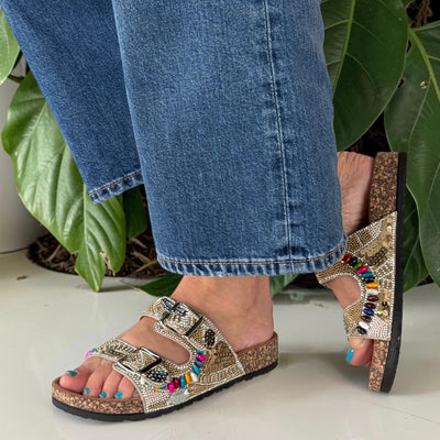 Womens Heavenly Feet JESS Beaded 2 Strap Sandals - Beige Gold