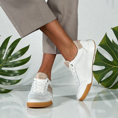 Womens Ara Rom White and Gold Leather Side Zip Trainers - White Gold