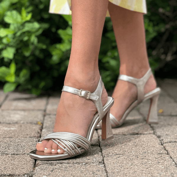 Womens Marco Tozzi 28329 Rose Metallic Strappy Flared Heel Sandals - Rose Metallic