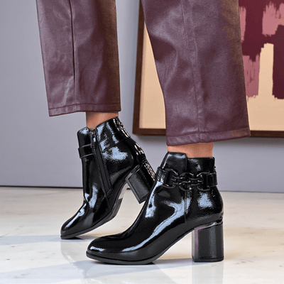 Womens Lotus Amarin Black Patent Block Heel Ankle Boots - Black