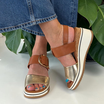 Womens Redz CF024 Velcro Buckle Strap Wedge Sandals - Tan