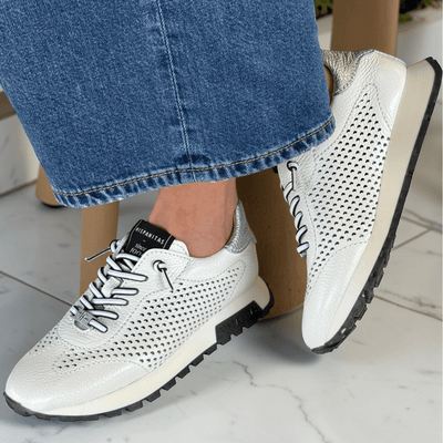 Womens Hispanitas HV264559 White and Silver Leather Perforated Trainers - White and Silver