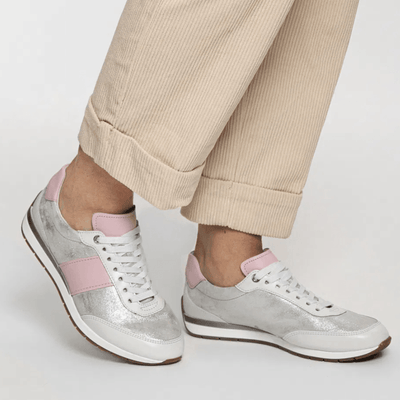 Womens Ara Portofino Dusty White Silver and Pink Lace Up Trainers - Dusty White and Pink