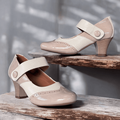 Womens Redz 61102 Beige and Taupe Mary Jane Strap Heeled Shoes - Beige Gold