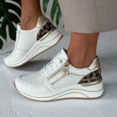 Womens Remonte D0T10 White Multi Side Zip Wedge Trainers - White Gold Leopard