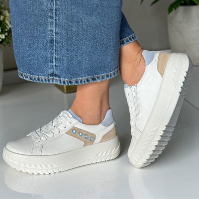 Womens Ara Monaco Platform Sole Leather Trainers - White with Blue and Beige
