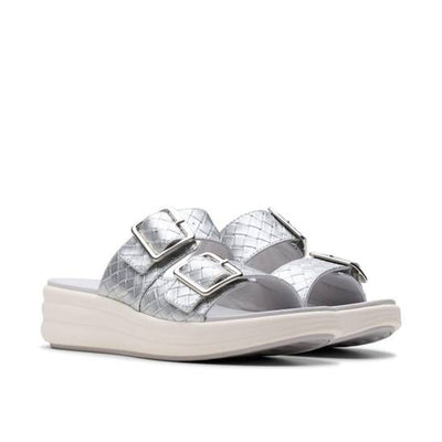 Womens Clarks Drift Buckle Silver Metallic Wedge Sandals - Silver Metallic