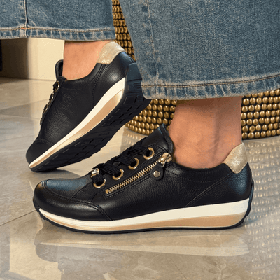 Womens Ara Osaka Dark Navy with Gold Side Zip Leather Trainers - Dark Navy and Gold