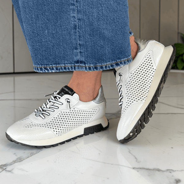 Womens Hispanitas HV264559 White and Silver Leather Perforated Trainers - White and Silver