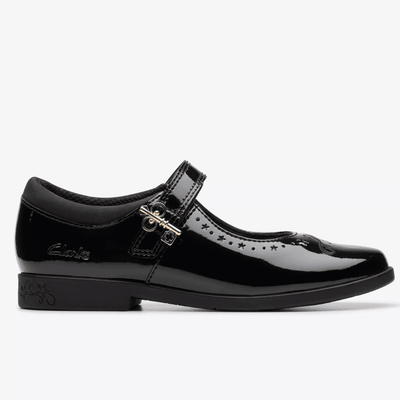 Junior Girls Clarks Lock Magic Black Patent School Shoes - - Black Patent