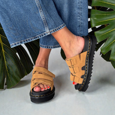 Womens Dr Martens Raine Suede Velcro Strap Mule Sandals - Tan - Tan