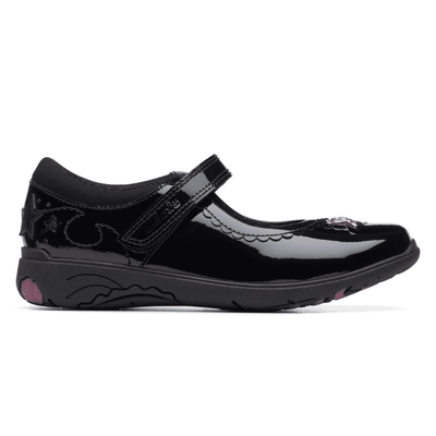 Junior Clarks Girls Relda Sea Black Patent School Shoes - Black Patent