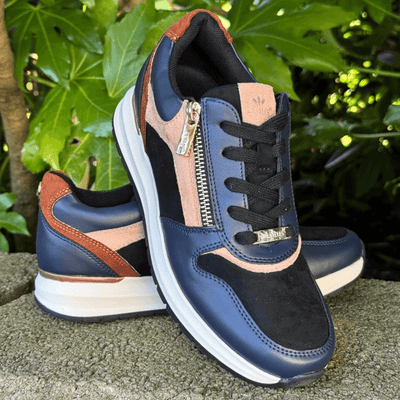 Womens Lotus Venus Navy and Tan Side Zip Wedge Trainers - Navy