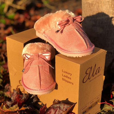 Womens Ella Luxury Bow Pink Ladies Fur Mule Slippers - Pink