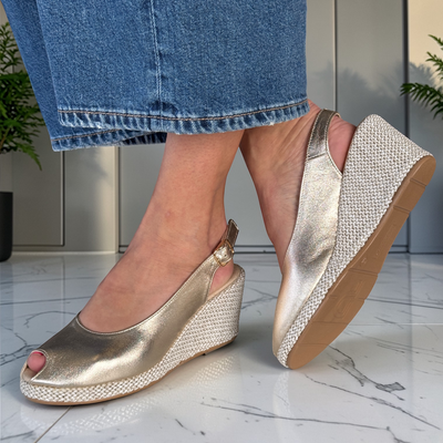 Womens Pitillos 11311 Peep Toe Slingback Wedge Sandals - Gold