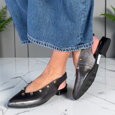Womens Pitillos 11173 Slingback Low Heel Pumps with Rockstud - Charcoal