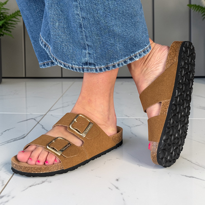Womens Tamaris 27503 Double Buckle Sliders - Cognac Nubuck