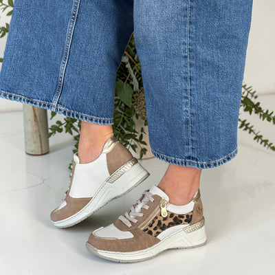 Womens Rieker N4308 Tan White and Leopard Side Zip Wedge Trainers - Tan White and Leopard