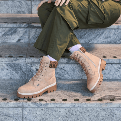 Womens Rieker Z9430 Beige with Leopard Cuff Water Resistant Ankle Boots - Beige Gold
