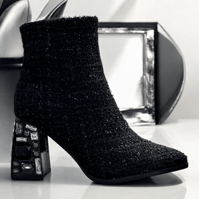 Womens Menbur 25696 Black Glitter Tweed Diamond Heel Ankle Boots - Black