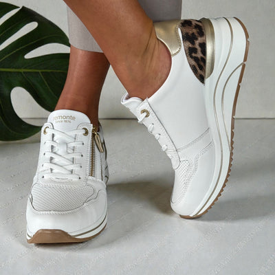 Womens Remonte D0T10 White Multi Side Zip Wedge Trainers - White Gold Leopard