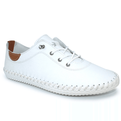 Womens Lunar St Ives White Leather Elastic Lace Plimsoles - White