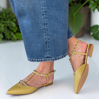 Womens Refresh 175070 T-Bar Rock Stud Ballerina Pumps - Sage