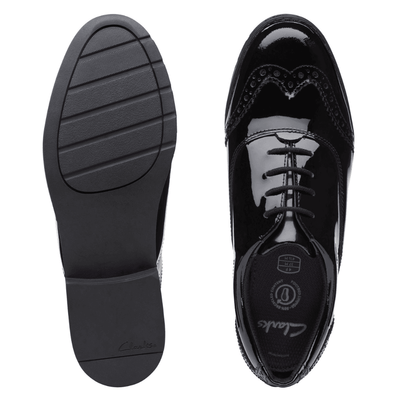 Clarks Aubrie Tap Girls Brogue School Shoe - Black Patent - Black Leather