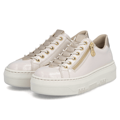 Womens Rieker M1953 Cream Patent Slip On Side Zip Trainers - Cream and Gold