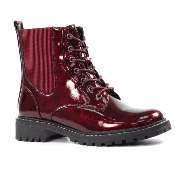 Womens Lunar Alexis Burgundy Patent Lace Up Biker Boots - Burgundy