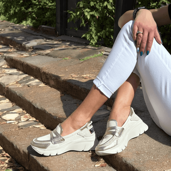 Womens Hispanitas 254001 White and Gold Chunky Sole Loafers - Habana