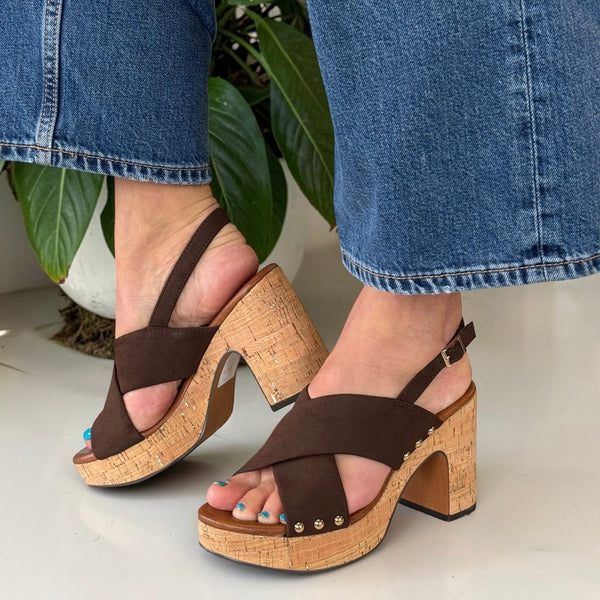 Womens Marco Tozzi 28366 Brown Cork Platform Block Heel Sandals - Mocca Brown