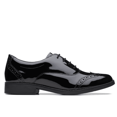 Clarks Aubrie Tap Girls Brogue School Shoe - Black Patent - Black Leather